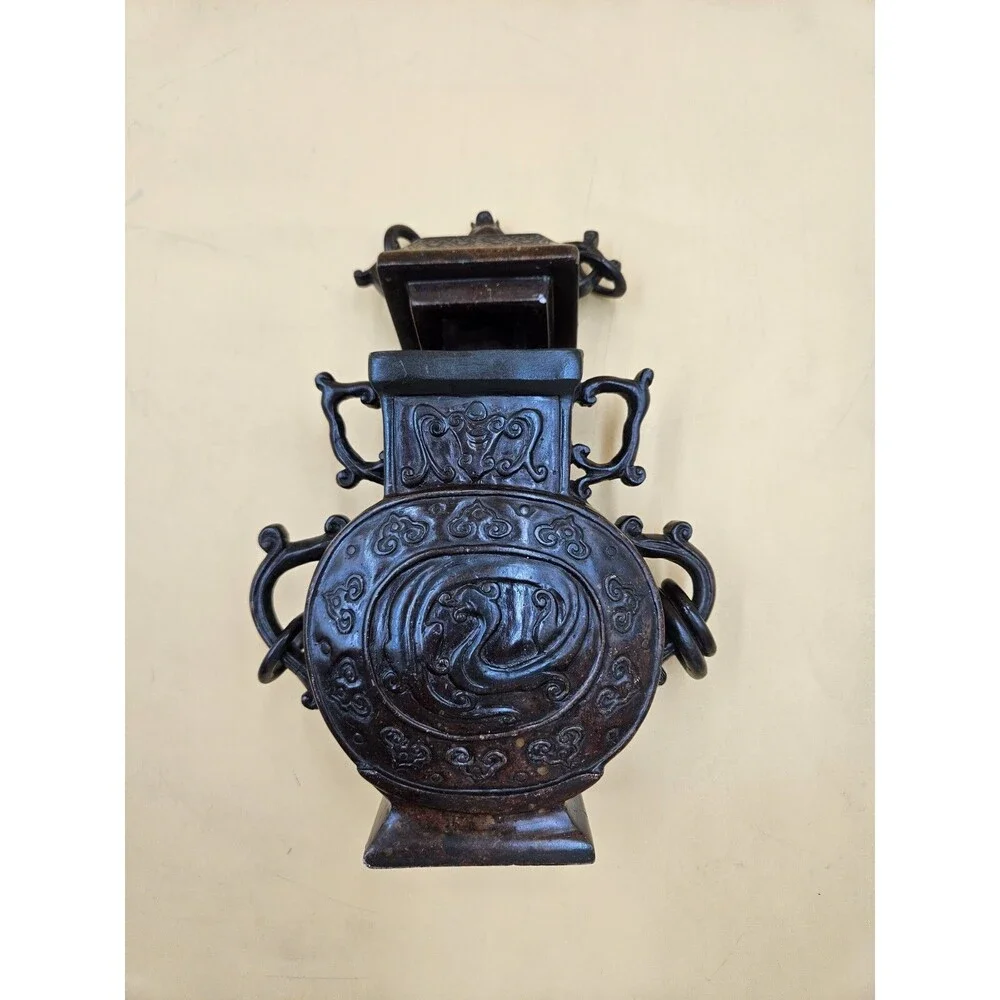 Hand Carved Chinese Jade Imperial Vase Incense Holder Floral Motif Lid Rings